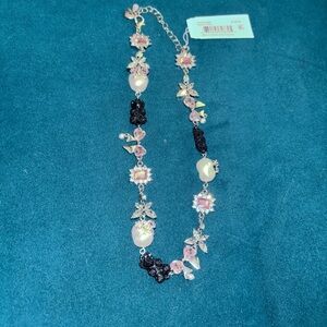 Betsey Johnson Silver and Pink Floral Necklace